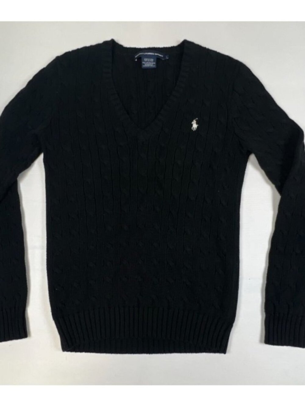 Ralph Lauren Sport Women Large Black Cable Knit V-Neck Sweater White Pony Cotton